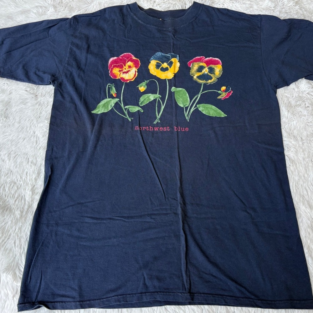 Northwest Blue Vintage Pansy Floral Graphic T-Shirt Navy Blue OSFM Made in USA